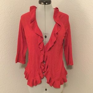 // RED CARDIGAN WITH RUFFLE DETAIL \\